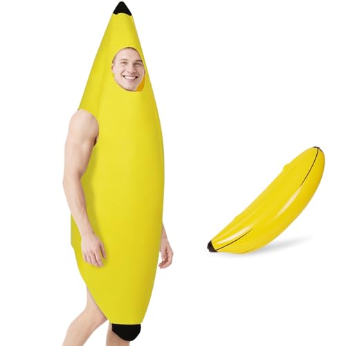 AYBUY Bananen kostüm, Banane Outfit für Erwachsene, Lustiges Bananenschalen Kostüm mit 1 aufblasbare Banane, Obst Verkleidung Set, Lustig Karneval Halloween Kostüm Cosplay für Herren Damen