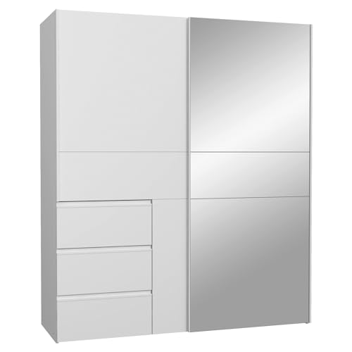 FORTE WINN 2 Schrank, weißer Kleiderschrank mit Spiegeltür, Schlafzimmerschrank, Schwebetürenschrank Weiß mit Schubladen & Spiegel, 170 cm breit x 200 cm hoch x 61,2 cm tief