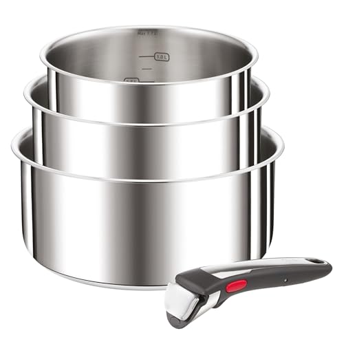 Tefal Ingenio Preference On 4-teiliges Kasserollenset, 16/18/20 cm, Topfset abnehmbarer Griff, Topfset Induktion stapelbar, platzsparend, einfache Handhabung und Reinigung, Edelstahl, L898S3