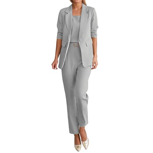 Vhersily Damen Tailleur Anzug, 3-teilig, Slim Fit, einzigartige Knopfjacke, mit Rock oder Hose, Büro Anzüge Arbeit Herbst Winter Casual Anzug Zeremonie für Abend, Übergangszeit, grau, XL