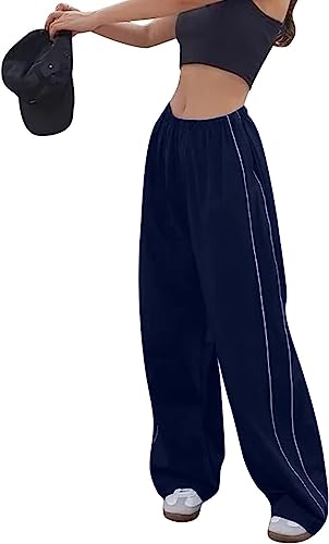 Odizli Cargohose Damen Baggy High Waist Vintage Y2K 2000er Cargo Fallschirm Hose Track Pants Frauen Hip Hop Fallschirmhose Jogginghose Trackpants Teenager Mädchen Streetwear mit Taschen Marineblau S