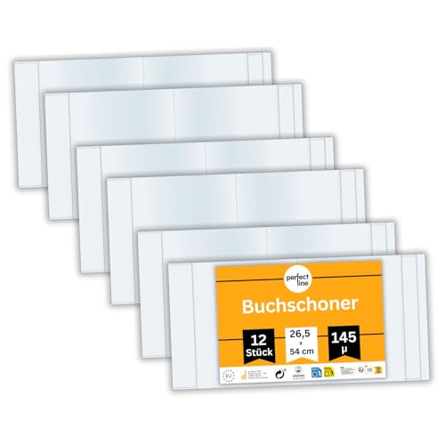 perfect line – 12x Buchumschlag 26,5 cm Höhe – Schulbuchhülle extra stabil aus PP – Buchschoner glasklar, transparent, abwischbar – Hülle bis 54 cm Breite – Made in EU – ideal für Bücher