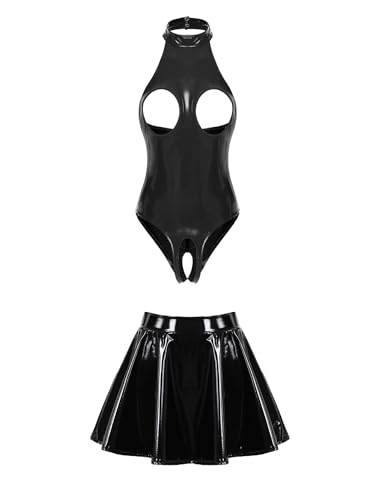 FEESHOW Damen Wetlook Catsuit Ouvert Brustfreier Body Lackleder Rock Set Reizwäsche Offener Schritt Brüste Erotische Wäsche Schwarz L