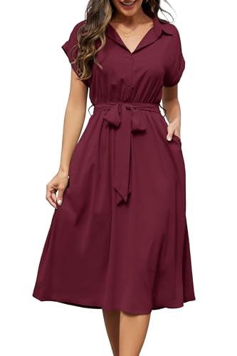 Cassiecy Sommerkleid Damen Knielang Kurzarm Blusenkleid Elegant V-Ausschnitt Midikleid Casual Wickelkleid Strandkleid mit Taschen（XL,Weinrot）