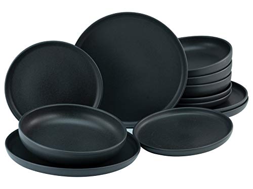 CreaTable, 22979, Serie uno BLACK, 12-teiliges Geschirrset, Teller Set aus Steinzeug, spülmaschinen- und mikrowellengeeignet, Made in Portugal