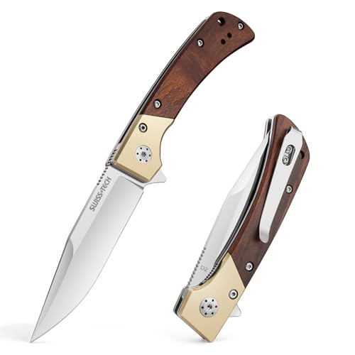 Swiss+Tech D2 Klappmesser, Retro Taschenmesser, mit Holzgriff, Jagdmesser mit Taschenclip, Outdoor Messer für Camping, Jagd und Wandern