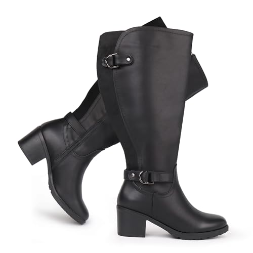 Chicblooms Damen-Reitstiefel mit weitem Schaft und kniehohem Absatz, seitlicher Reißverschluss, Blockabsatz, Schwarz PU, EU 39