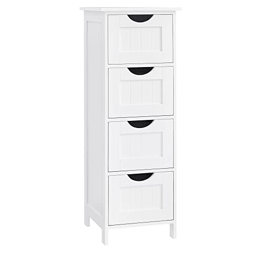 VASAGLE Badezimmerschrank, Badschrank, Beistellschrank mit 4 Schubladen, 30 x 30 x 82 cm, für Badezimmer, Wohnzimmer, Esszimmer, Küche, modern, weiß LHC40W