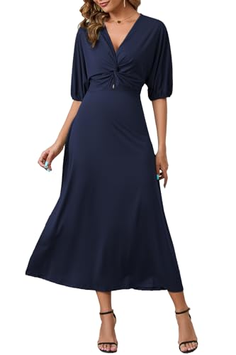 ZIYYOOHY Damen Elegant Lang Kleider V-Ausschnitt Twist 3/4 Fledermausärmel Casual Wickel Kleid Partykleid(6031 MB M)