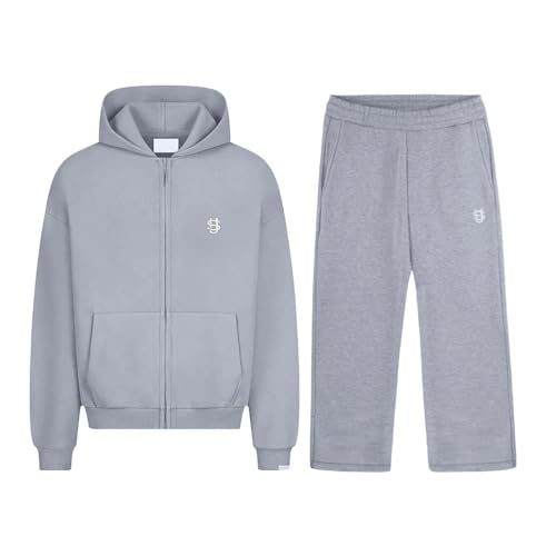 Grau Jogginganzug Herren Baggy, Hoodie und Weite Hose Set Herren Y2K Streetwear Freizeitanzug Zweiteiler Trainingsanzug Langarm Kapuzenpullover Schaumstoff Aufdruck Warm Jogging Anzug xl xxxl xxl xs