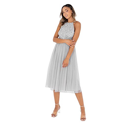 Maya Deluxe Damen Maya Deluxe Embellished Halter Neck Midi Bridesmaid Dress, Soft Grey, 38 EU