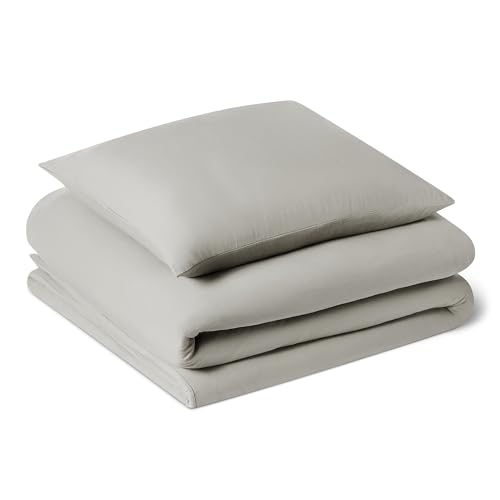 Amazon Basics Vorgewaschenes Mikrofaser-Bettwäsche-Set, extra weich, natürlicher Knitter-Look, bügelfrei, 2-teilig, Einzelbett, Bettbezug 135 x 200 cm & Kissenbezug 80 x 80 cm, Grau