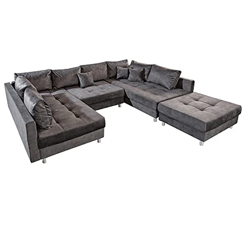 Riess Ambiente Modernes XXL Sofa Kent 305cm grau Federkern inkl. Hocker und Kissen Couch in U-Form Wohnlandschaft Couchgarnitur