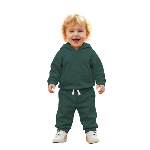 BOUTIKOME Baby Kleidung Jungen Mädchen Outfits Neugeborene Babykleidung Kapuzenpullover und Hose Zweiteiler Set mit Kapuze Warme Weicher Langarmshirt Einfarbig Kinder Hoodie(Dunkelgrün,2-3Jahre)