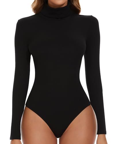 SHAPERIN Body Langarm Damen Rollkragen Bodysuits Oberteil Tanga Leotards Overall Elegant Langarmbody Schwarz S