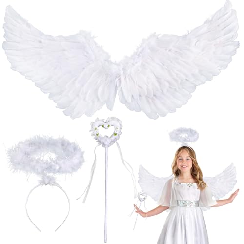 3 Stück Engel Flügel, Engelsflügel Weiß, Weiße Engelsflügel Deko, Heiligenschein, Zauberstab, 60CM Weiße Flügel Mädchen, Engelsflügel Deko, Engels Flügel Kostüm,Party Fasching Kostüme (A)
