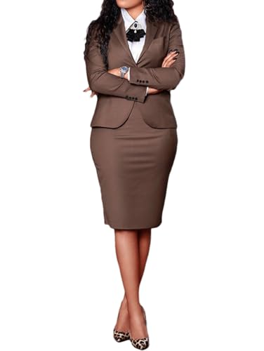 Minetom Damen 2-teiliges Anzug Set Langarm Blazer und Rock Slim Fit Bleistiftrock Zweiteiler Elegant Business Büro Outfit A Braun M