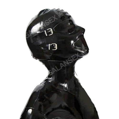 SALANSEX Vollgesichtsmaske mit Mundstöpsel und Augenklappe, Sex-Latex-Haubenmaske, Maske mit Reißverschluss (M)