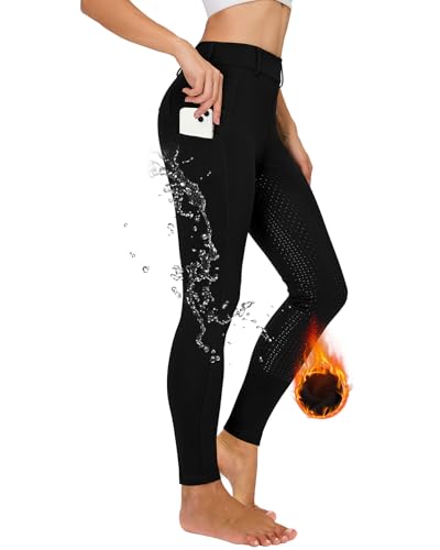 Havideto Winter Reitleggings Damen Vollbesatz Thermo Reithose Damen Fleece Gefüttert Wasserdicht mit Handytasche Gürtelschlaufen Schwarz L