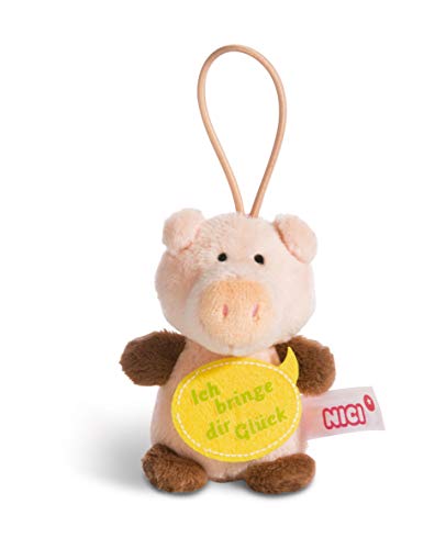 NICI 44869 Anhänger Schwein mit Spruch Ich bringe dir Glück 8cm mit Loop, Rosa/Braun