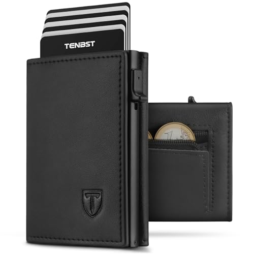 TENBST Geldbörse Herren mit RFID Schutz, Slim Wallet mit Münzfach, 10 Karten Portmonee Geldbeutel Herren, Magnetischer Wallets for Men, Kreditkartenetui Klein with Gift Box - Schwarz