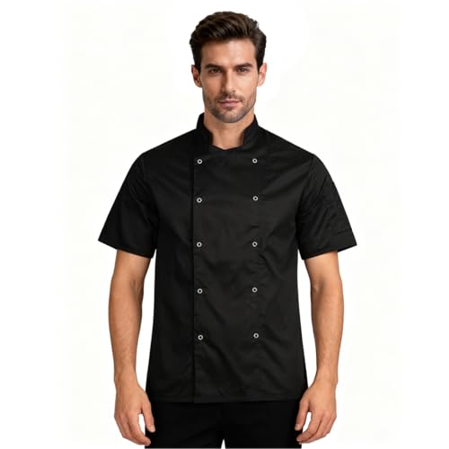 BWOLF Nozomi Kochjacke Unisex Kochjacke Damen Kochjacke Herren Schwarz/Weiss Kochkleidung Professional Chef Uniform Kurzarm (Schwarz1, M)