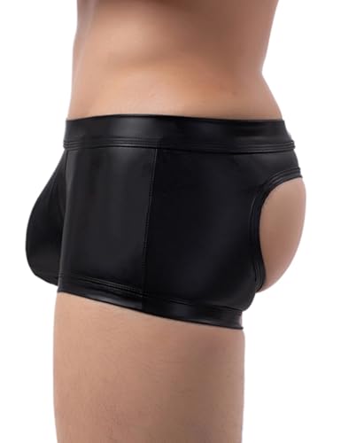 ohyeahlady Sexy Boxershorts Herren mit Öffnung PU Leder Unterwäsche Erotische Shorts Große Größen Sissy Dessous Reizwäsche Wetlook Männer Shiny Gay Pouch Underwear Rave Clubwear Reizwäsche Schwarz L