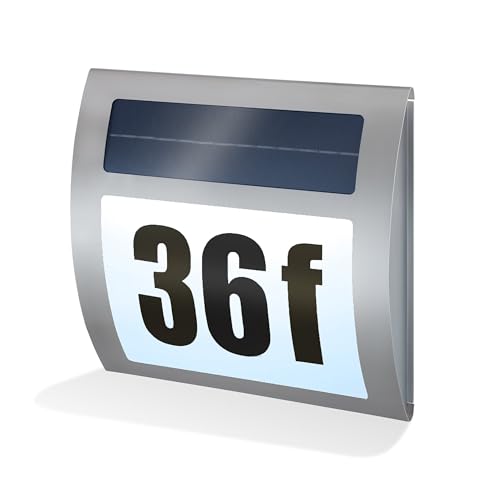 esotec Solar Hausnummer beleuchtet Coldwave, kaltweiß, Hausnummernschild, Dämmerungsschalter, LED Wandleuchte, Hausnummernleuchte, Edelstahl, Metall, IP44, wetterfest, außen, 102036