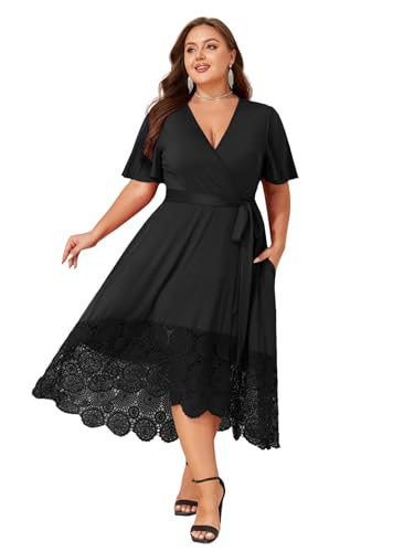 LapaPlus Übergröße Damen Spitzen Hochzeitsgäste Kleider Abendkleid Cocktailkleid V-Neck Kurzarm Sommerkleid mit Taschen