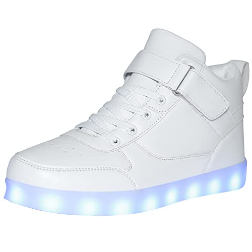Unisex Leuchtende Schuhe LED Turnschuhe USB Aufladen Paar Schuhe High Top für Damen Herren Blinkende Turnschuhe, weiß, 46 EU
