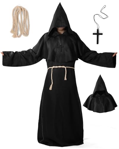 Mönchskostüm Herren 4-teilig Mit Kreuz & Gürtel | Mittelalter Gewand Robe mit Kapuze für Halloween, Karneval, LARP, Cosplay | Mönch, Hexer, Zauberer Kostüm