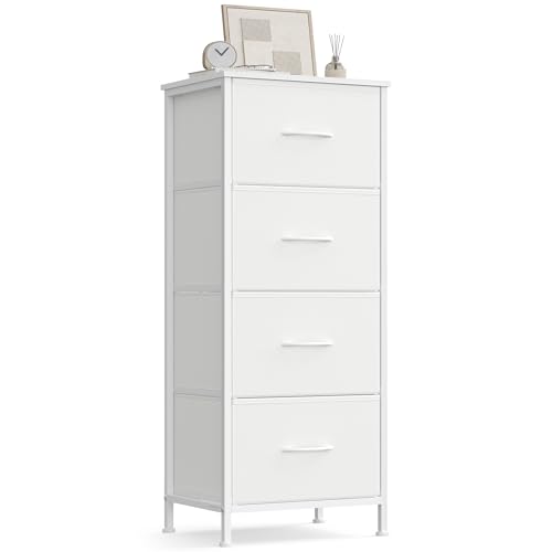SONGMICS Kommode, Schrank, 4 Stoffschubladen, Aufbewahrungsschrank, Stahl, MDF, Vliesstoff, für Schlafzimmer, Flur, Wohnzimmer, wolkenweiß-schneeweiß LGS314WH01