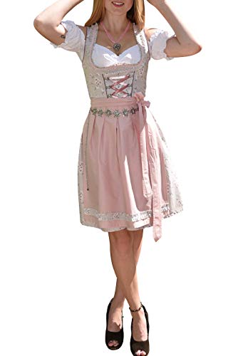 Golden Trachten-Kleid Dirndl Damen 3 TLG, Midi für Oktoberfest, mit Schürze und Bluse, 502GT (40),Grau