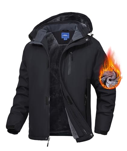 Zoofly Winterjacke Herren Skijacke Thermojacke mit Zip Taschen Winter Jacke Wasserdicht Wanderjacke für Männer Fleece Gefütter Schwarz XL