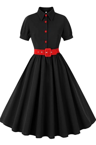 AXOE Damen Rockabilly Kleid 50er Jahre Vintage A-Linie mit Halbgürtel Knielang für Festlich Cocktail Alltag Schwarz Rot, Gr.40 (EU Gr.42), L