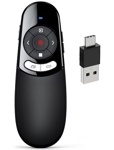 USB C Presenter, Kabellose 2.4 GHz Powerpoint Fernbedienung, Pointer für Präsentationen via Typ C und USB Empfänger, Rot Präsentationsfernbedienung für Windows 7/8/10/Mac/Linux/Android/PowerPoint