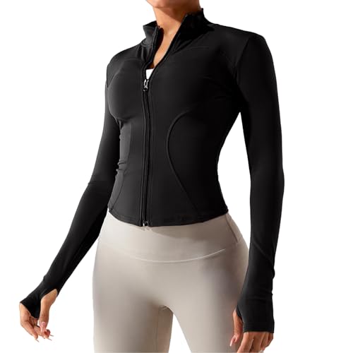 CALIYO Laufjacke Damen, Sportjacke ReißVerschluss Sportjacke Damen Fitness Kuschelig und Weich Oberteil Langarm Shirt Gym Yoga Tops, Schwarz, S