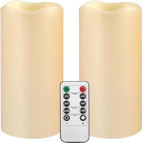 PILLOBOX Wasserdichte Flammenlose Kerzen mit Fernbedienung und Timer, 2 Stück Kunststoff Batteriebetriebene Kerzen, Flackernde LED Säulen Kerzen (D7.5×H14 cm) für Party im Freien, Home Decor, Camping