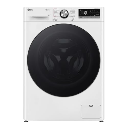 LG F2V7SLIM9, Klasse A, Waschmaschine Slim 9 kg, 60x47.5x85 cm, Wi-Fi, AI Direct Drive, Tiefenreinigung mit Dampf, TurboWash 360°, Außentür aus Gehärtetem Glas, Weiß mit Schwarzem Bullaugenring