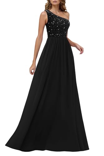 HOMEYEE Damen Elegant Pailletten Mesh Eine Schulter Glitzer Ballkleid Sexy Rückenfrei Abendkleider A-Linie Hochzeitskleid A503 (S, Schwarz)