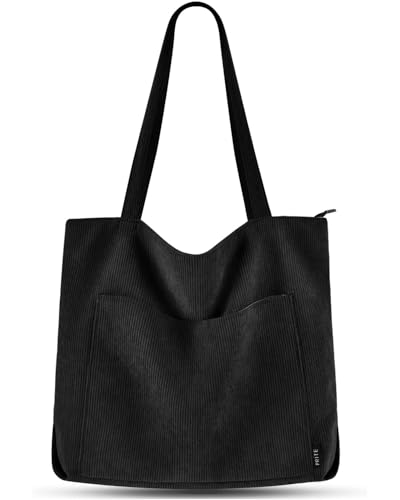 Prite Handtasche Damen Tote Bag Shopper Groß Umhängetasche Cord Beuteltasche Stofftasche für College Schule Arbeit Reisen Einkaufen (Schwarz)