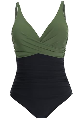 Laorchid einteiliger Badeanzug bademode v Ausschnitt Damen Badeanzug bauchweg Push up Bademode Swimsuit high Waist Schwimmanzug Dunkel Grün mit schwarz XXL