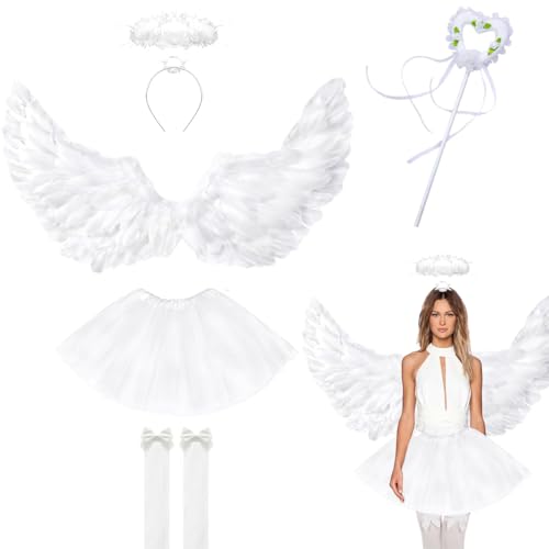 5 Stück Engel Kostüm Damen Set,80CM Engelsflügel Schwarz Erwachsenes,Engel Teufel Kostüm Damen,Engelsflügel mit Tütü Rock,Heiligenschein Zauberstab und Kniestrümpfe,Fasching Verkleidung (Weiß-A)