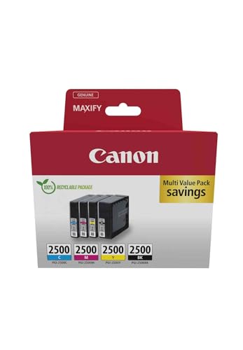 Canon PGI-2500 C M Y BK Vorteilspack 4 Tintenpatronen (Schwarz, Cyan, Magenta, Gelb) Original [Umweltfreundliche Recycle-Kartonverpackung 2024]