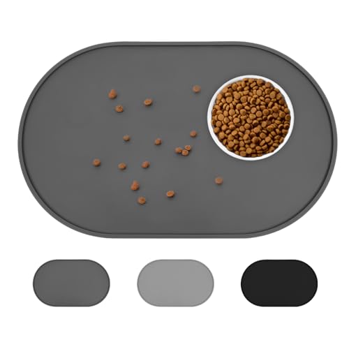 LDYOEN Napfunterlage Hund Katzen - Hundenapf Unterlage Katzennapf Unterlage aus Silikon - Hunde Katzen Futtermatte wasserdichte und rutschfeste - Fressnapf Unterlage Groß 48x30cm - Dunkelgrau