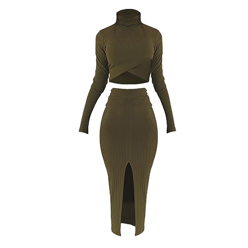 2 Teiler Rock Und Oberteil Festlich - Elegant Party Outfit Sexy Curvy Abiballkleider Rollkragen Langarm Pullover Schlanke Midirock Mit Schlitz Kombiset Hohe Taille Business Anzug Urlaub Lounge Set