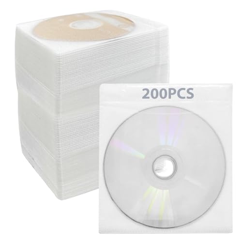 LEKEFETO CD/DVD/BluRay Hüllen, 200 Stück CD-DVD-Schutzhüllen, Doppelseitige Standard-Kunststoffhülle für CD, CD Schutzhüllen mit Sichtfenster, für Aufbewahrung von CDs DVDs BD Rohlinge (Weiß)