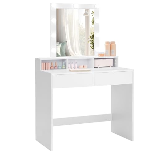 VASAGLE Kailyn Kollektion - Schminktisch mit LED-Beleuchtung, einstellbare Helligkeit, Frisiertisch mit Spiegel, Kosmetiktisch mit 2 Schubladen und 3 offenen Fächern, weiß RDT114W01