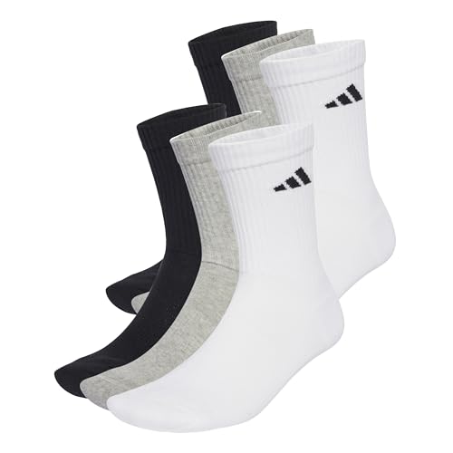 adidas Unisex CUSHIONED CREW SOCKS 6 PAIR PACK, White/Medium Grey Heather/Black, 10.5-12.5
