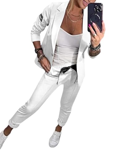 Minetom Damen Hosenanzug Zweiteiler Elegant Business Anzug Set Revers Büro Langarm Anzugjacke Blazer Hose 2-teilig Outfit Festlich Streetwear A Weiß M